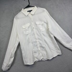 Saks Fifth Avenue Top Womens XL White Roll Tab Sleeve Linen Shirt Coastal Resort